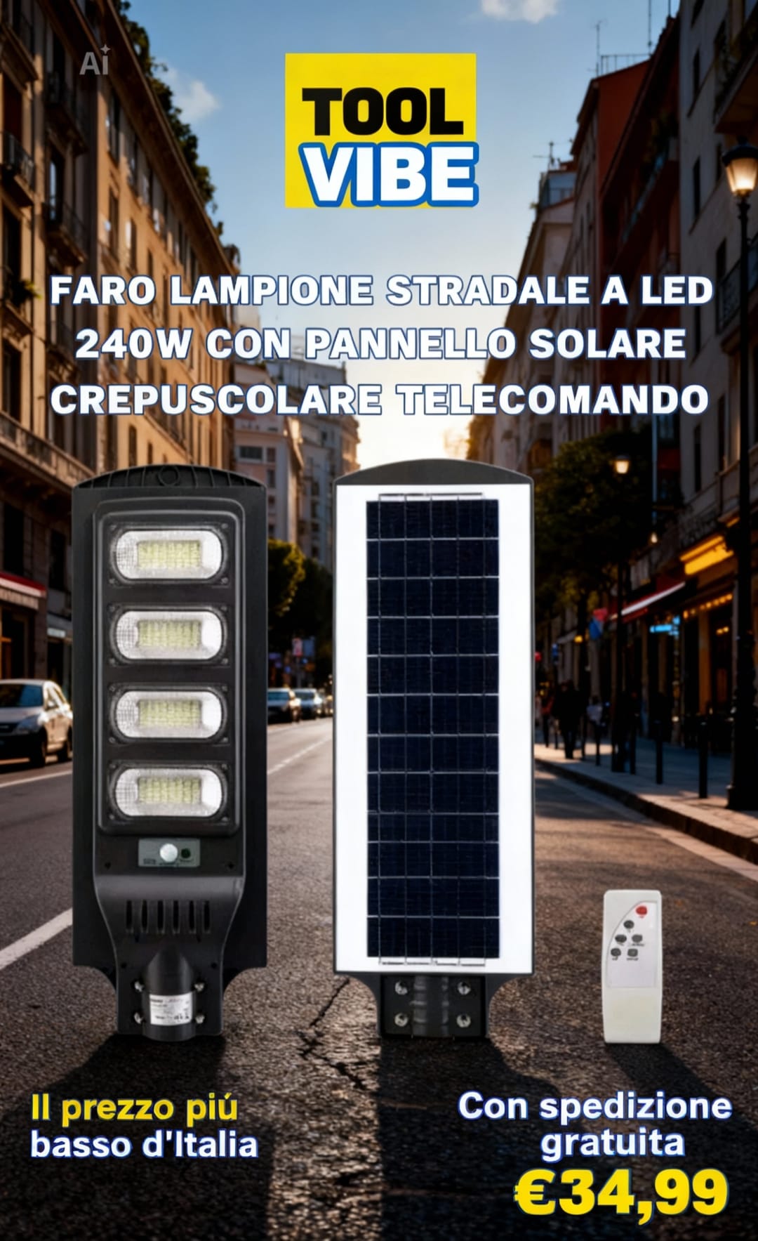 FARO LAMPIONE STRADALE A LED 240W CON PANNELLO SOLARE CREPUSCOLARE TELECOMANDO
