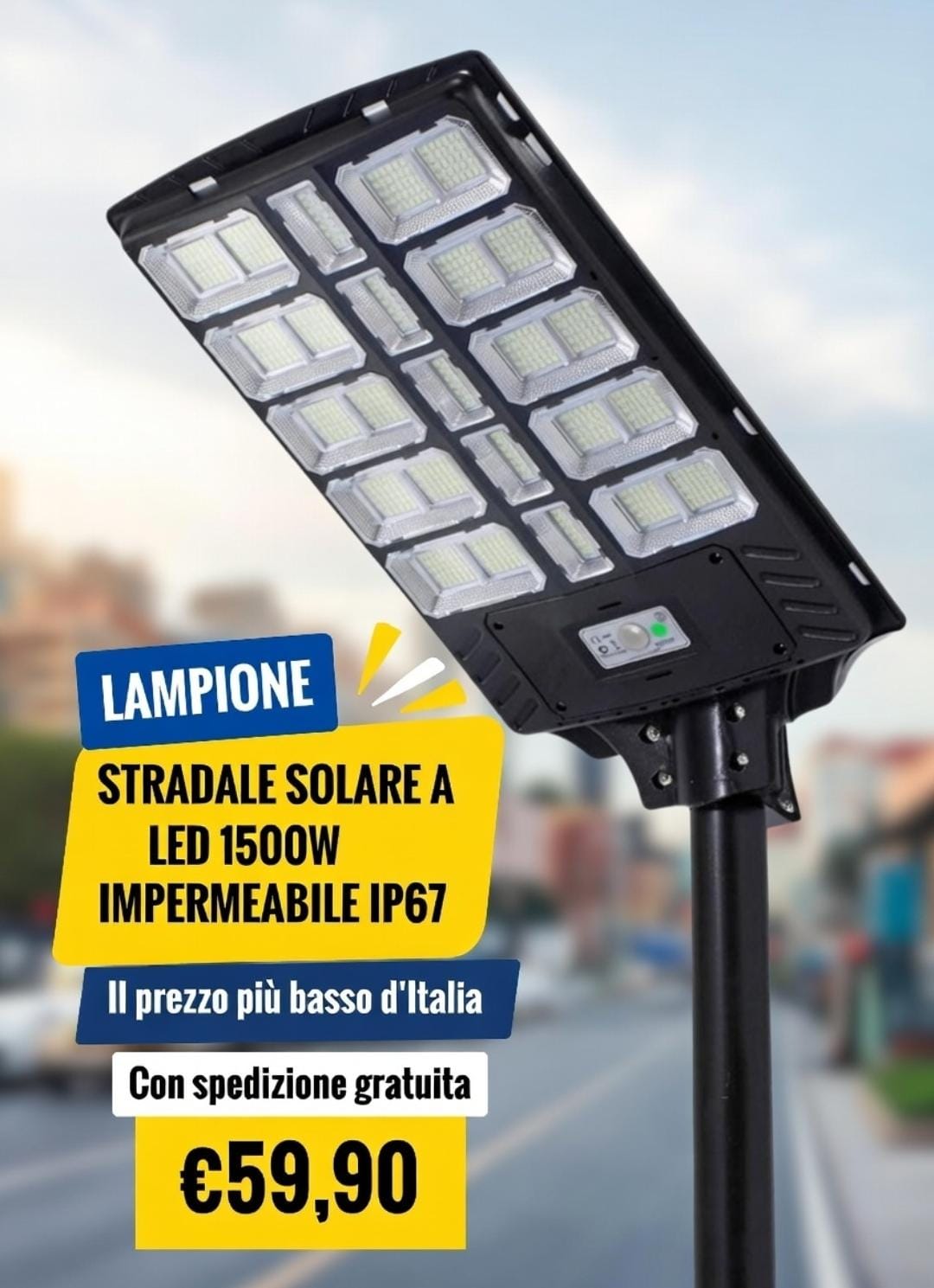 LAMPIONE STRADALE SOLARE A LED 1500W IMPERMEABILE IP67