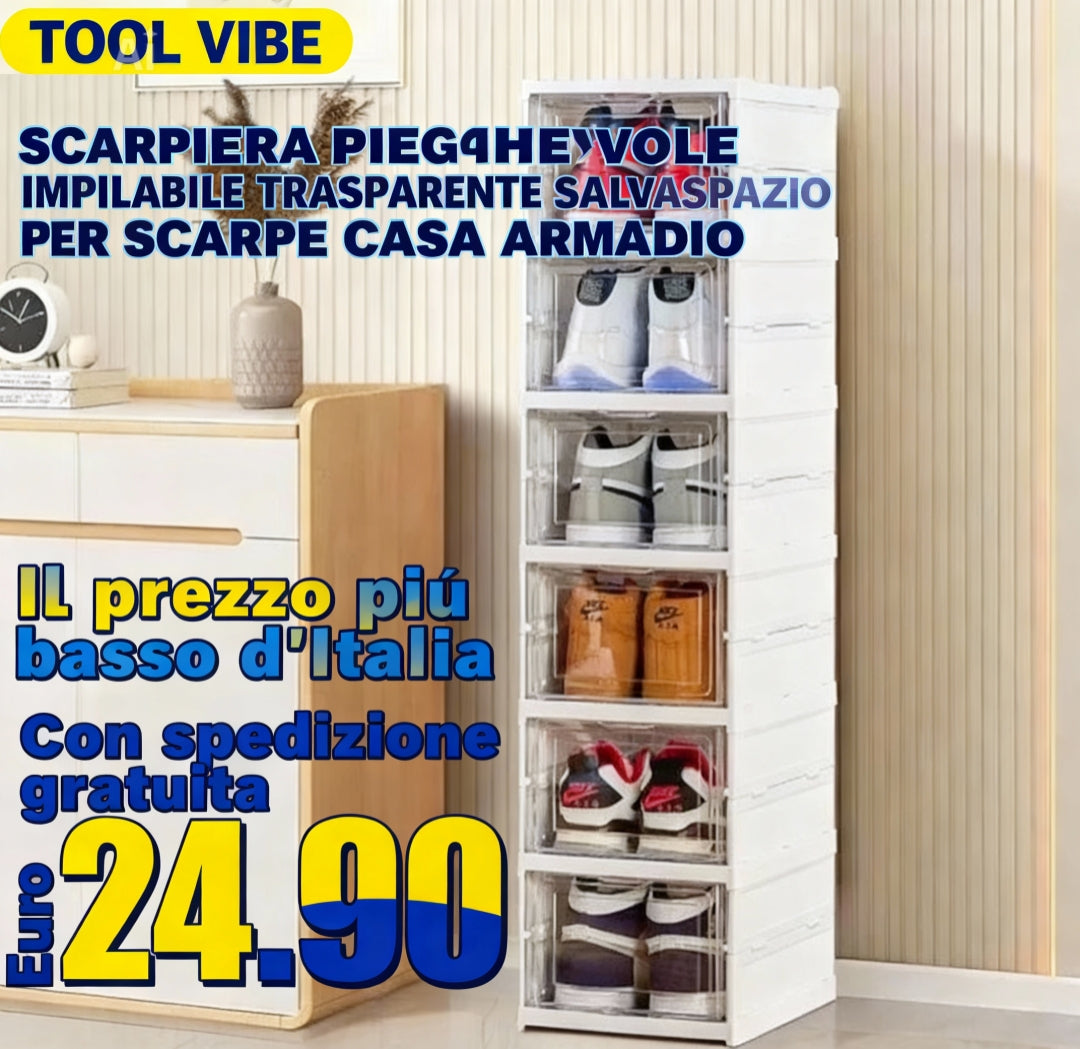 SCARPIERA PIEGHEVOLE IMPILABILE TRASPARENTE SALVASPAZIO PER SCARPE CASA ARMADIO