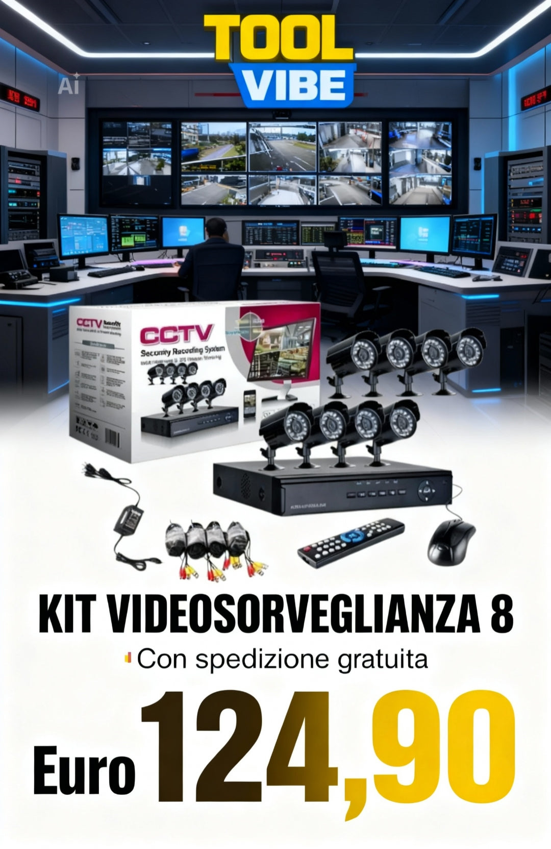 KIT VIDEOSORVEGLIANZA 8 TELECAMERE HD INFRAROSSI CAVI IP DVR 8 CANALI CON APP