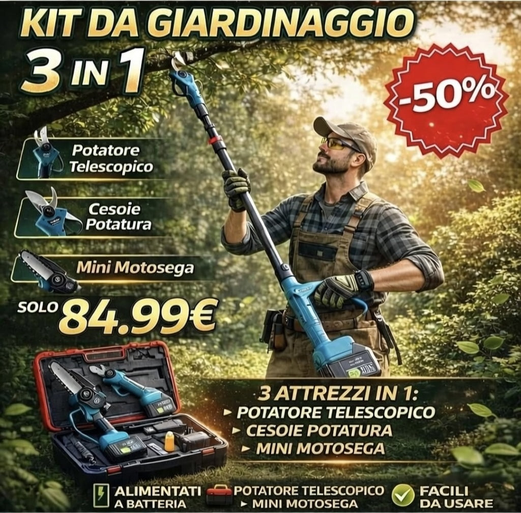 KIT POTATURA MINI MOTOSEGA 6" + FORBICE CESOIA A BATTERIA CON ASTA TELESCOPICA
