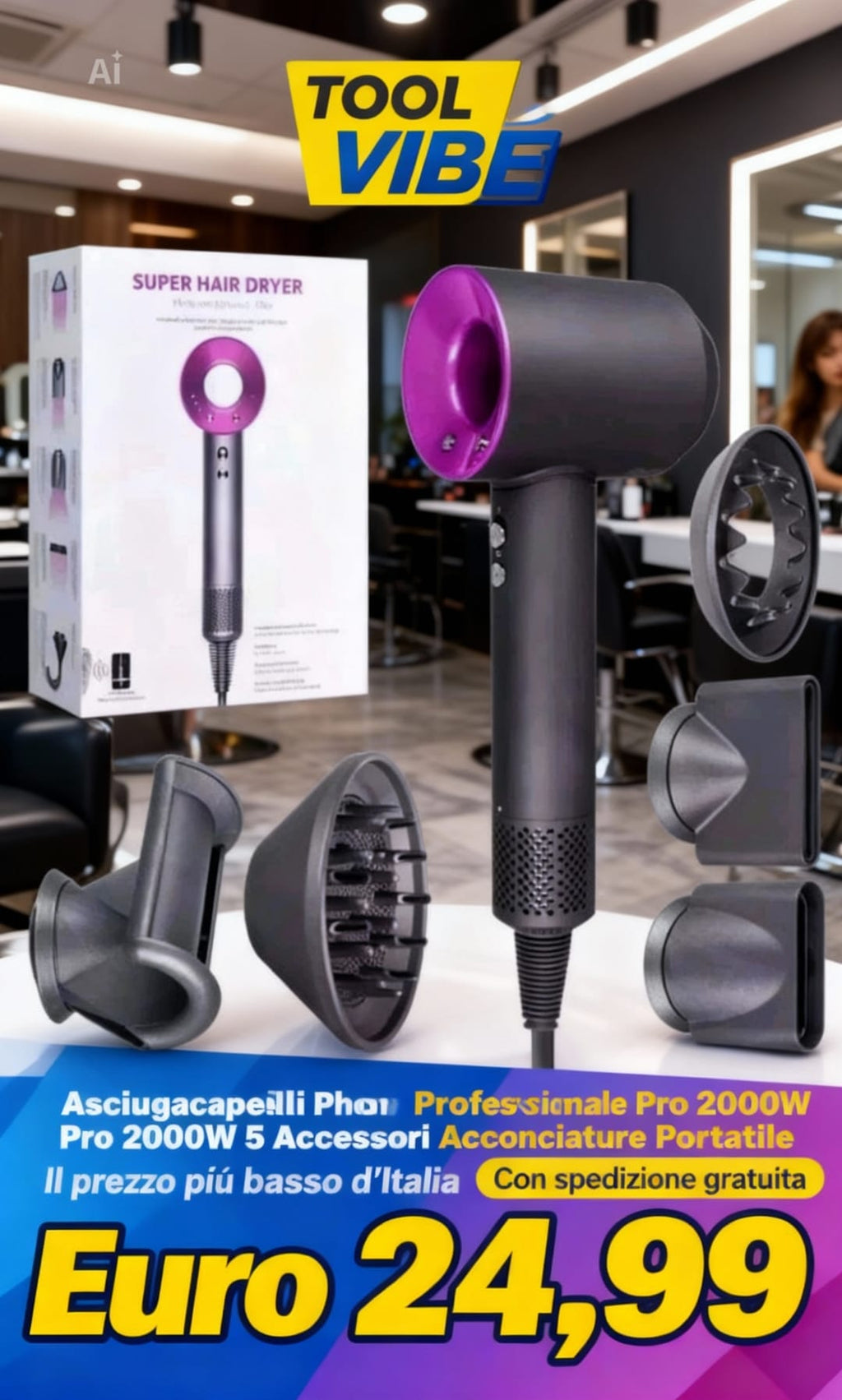 Asciugacapelli Phon Professionale Pro 2000W 5 Accessori Acconciature Portatile
