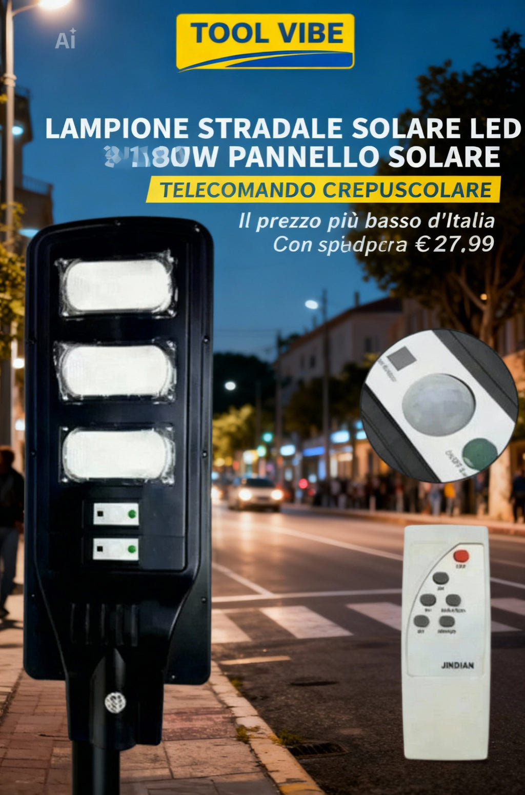LAMPIONE STRADALE SOLARE LED 180W PANNELLO SOLARE TELECOMANDO CREPUSCOLARE