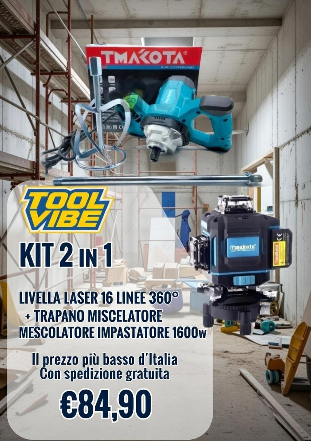 kit 2 in 1 Livella Laser 2 batterie + Impastatrice professionale