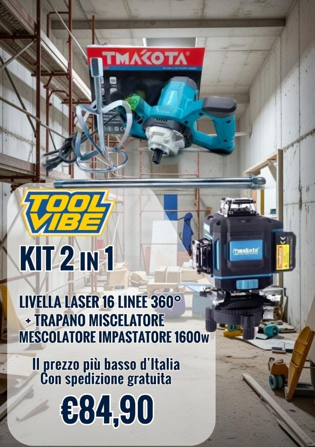kit 2 in 1 Livella Laser 2 batterie + Impastatrice professionale
