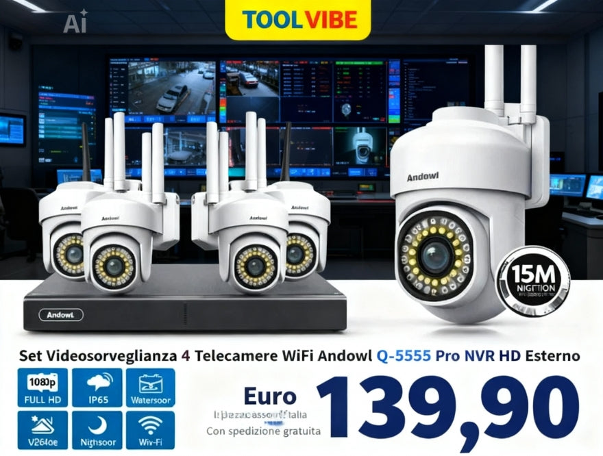 Set Videosorveglianza 4 Telecamere WiFi Andowl Q-5555 Pro NVR HD Esterno