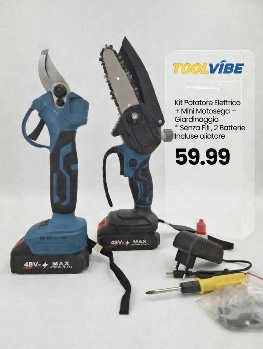 Kit Potatore Elettrico + Mini Motosega  – Giardinaggio Senza Fili, 2 Batterie Incluse
