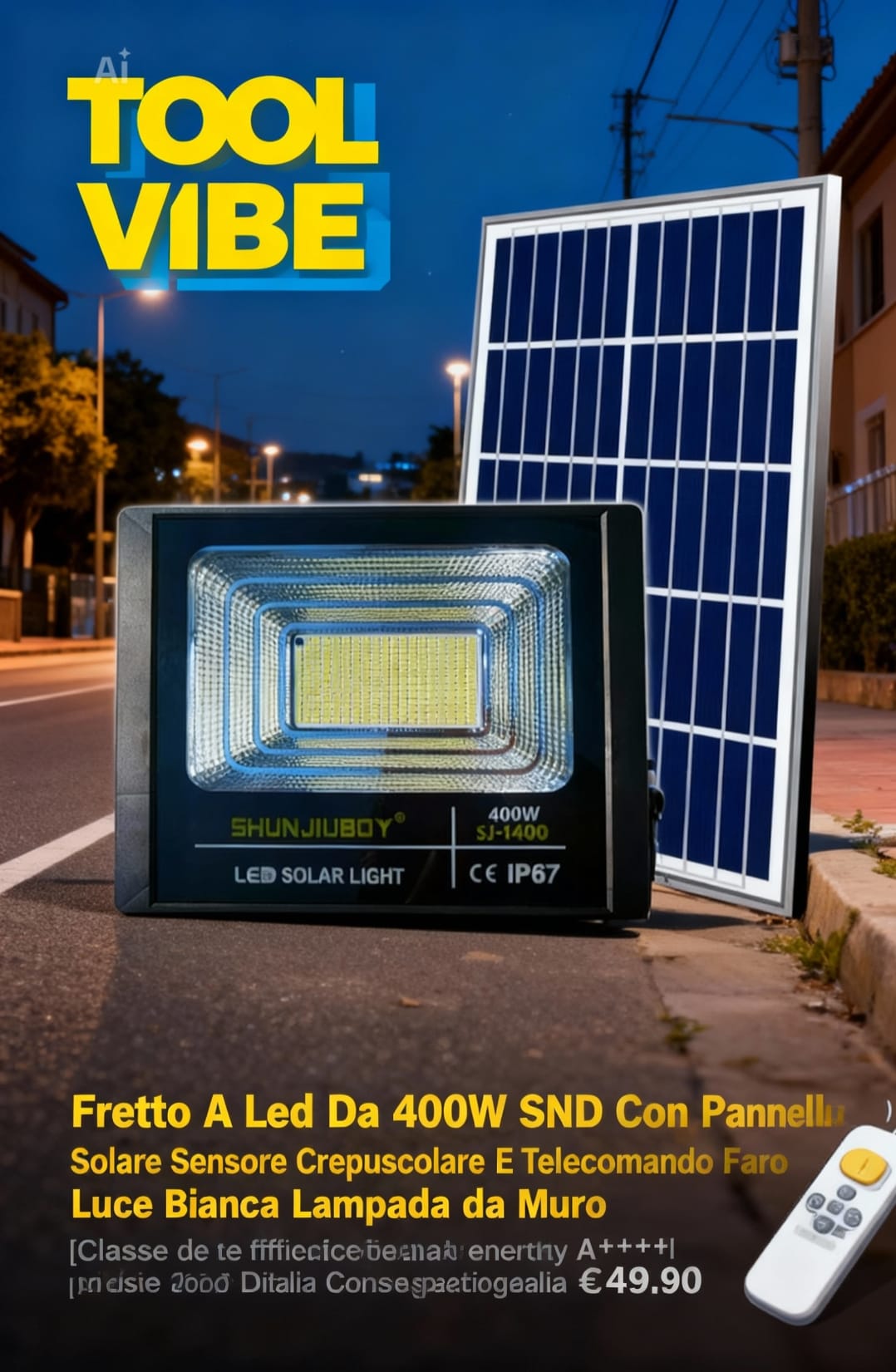 Faretto A Led Da 400W SMD Con Pannello Solare Sensore Crepuscolare E Telecomando Faro Luce Bianca Lampada da Muro [Classe di efficienza energetica A+++]