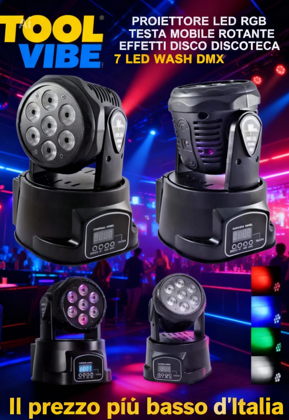 PROIETTORE LED RGB TESTA MOBILE ROTANTE EFFETTI DISCO DISCOTECA 7 LED WASH DMX