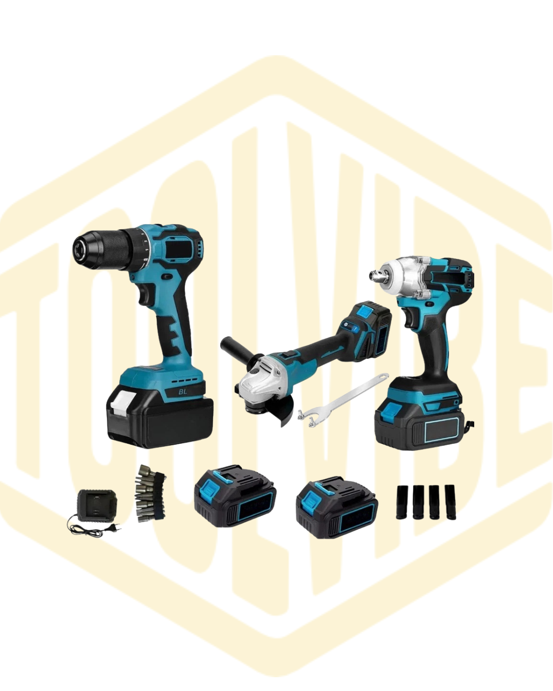 Kit Utensili Elettrici 3 Pezzi a Batteria – Trapano Avvitatore, Smerigliatrice, Avvitatore a Impulsi + Accessori