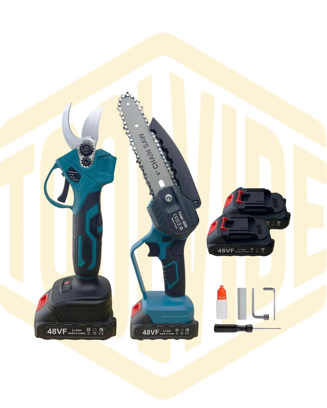 Kit Potatore Elettrico + Mini Motosega  – Giardinaggio Senza Fili, 2 Batterie Incluse