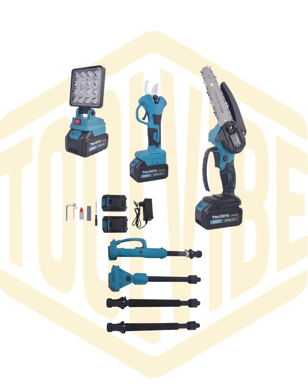 Kit Potatura 4 in 1 Cesoia Motosega 2 Batterie con Asta Telescopica divisibile