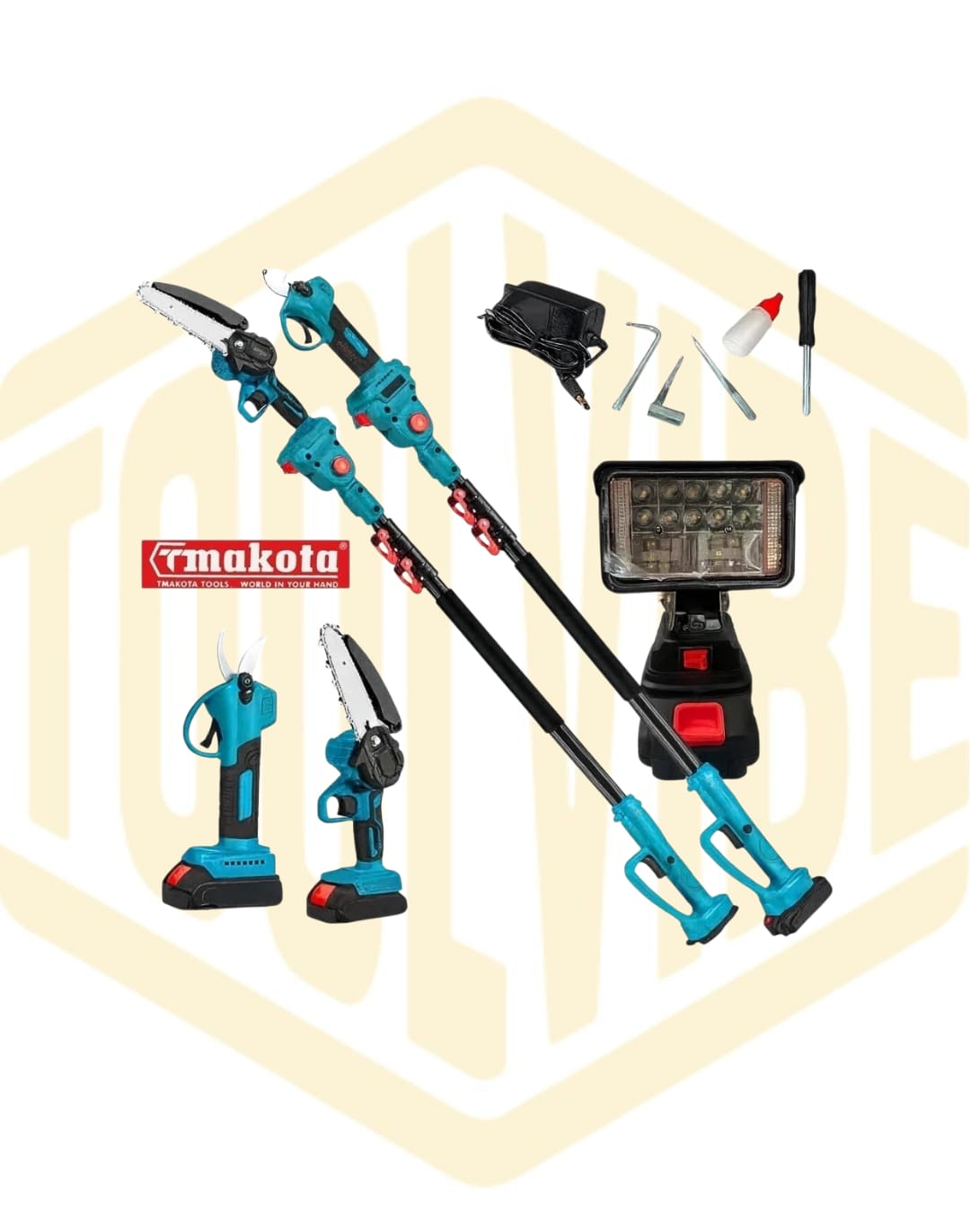 TMAKOTA Kit Potatura 4 in 1 Cesoia Motosega 2 Batterie 48V con Asta Telescopica