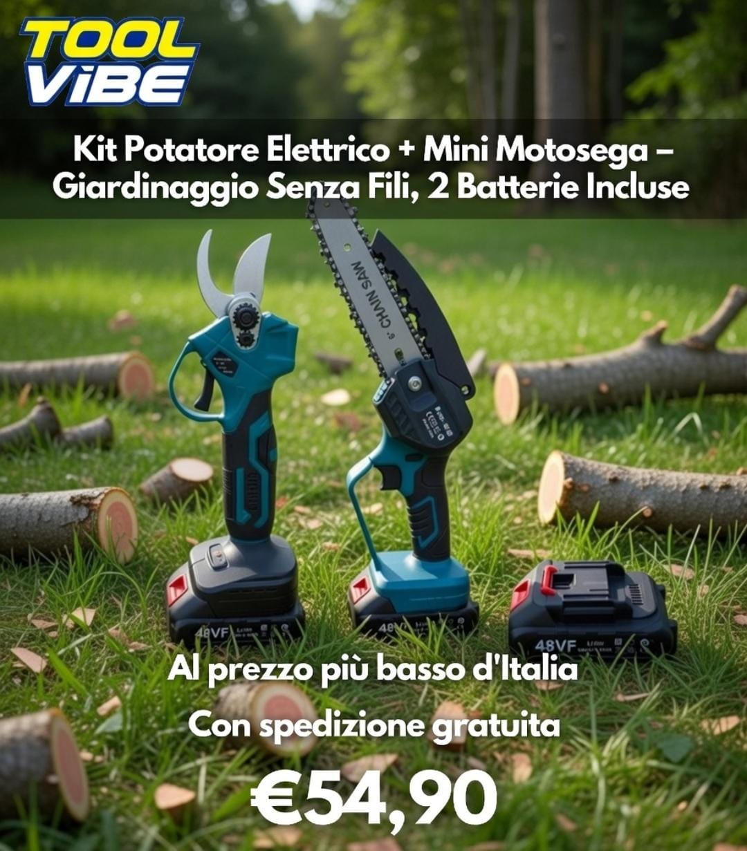 Kit Potatore Elettrico + Mini Motosega  – Giardinaggio Senza Fili, 2 Batterie Incluse