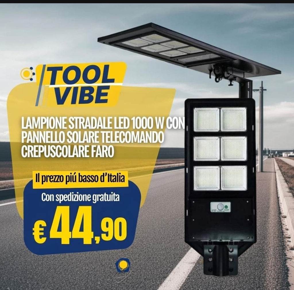 LAMPIONE STRADALE LED 1000 W CON PANNELLO SOLARE TELECOMANDO CREPUSCOLARE FARO