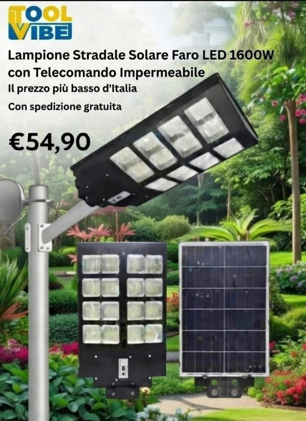 LAMPIONE STRADALE SOLARE FARO LED 1600W CON TELECOMANDO IMPERMEABILE