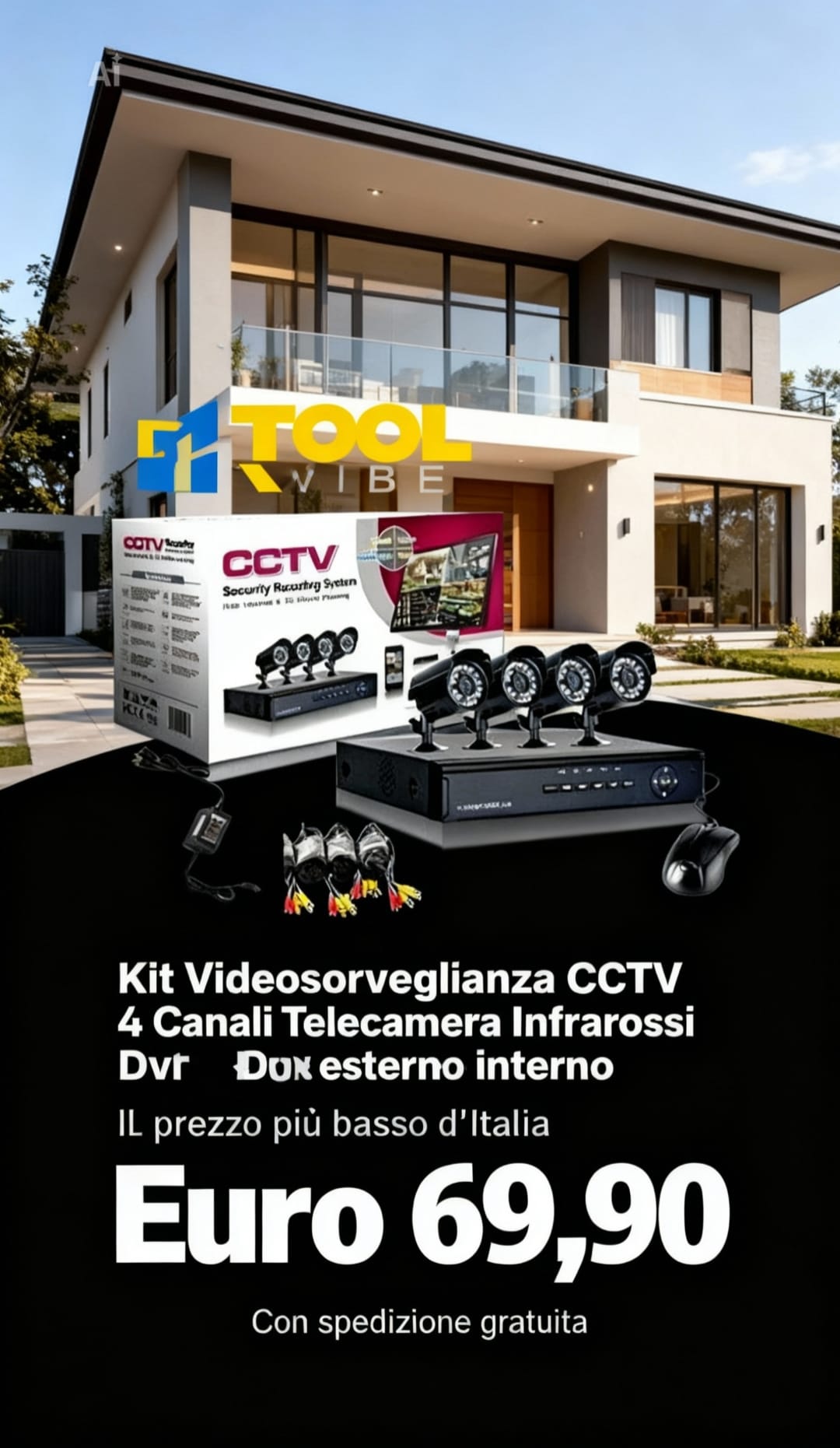 Kit Videosorveglianza CCTV 4 Canali Telecamera Infrarossi Dvr esterno interno