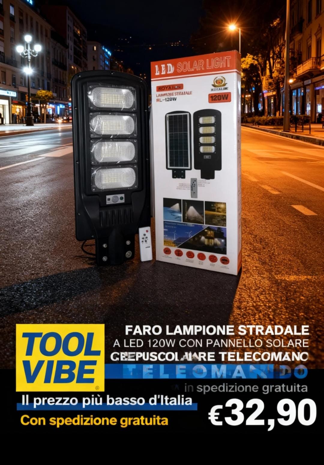 FARO LAMPIONE STRADALE A LED 120W CON PANNELLO SOLARE CREPUSCOLARE TELECOMANDO