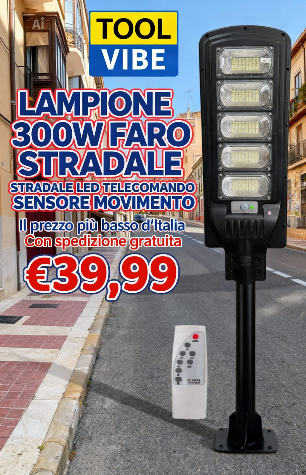 LAMPIONE SOLARE 300W FARO STRADALE LED TELECOMANDO SENSORE MOVIMENTO