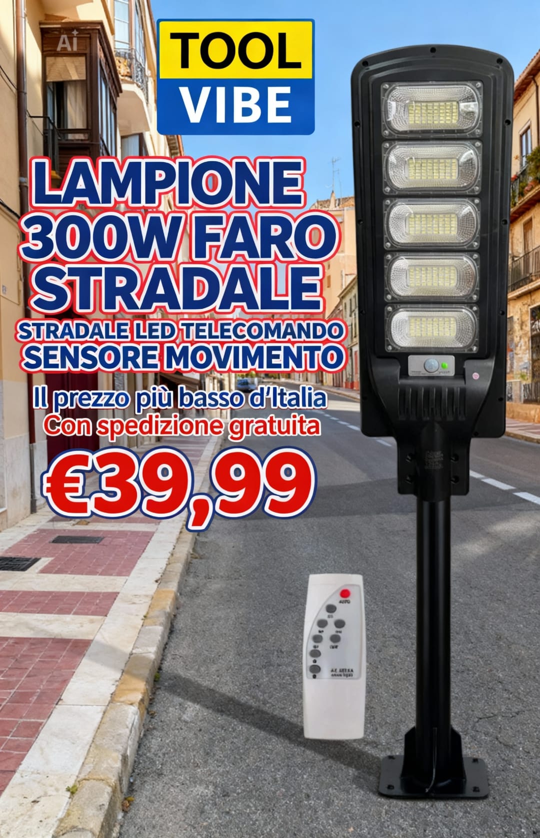 LAMPIONE SOLARE 300W FARO STRADALE LED TELECOMANDO SENSORE MOVIMENTO