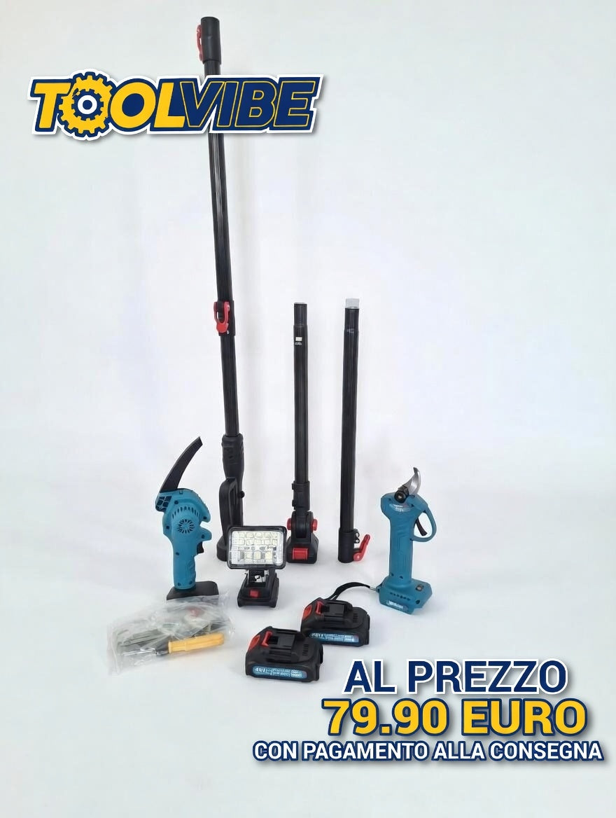 Kit Potatura 4 in 1 Cesoia Motosega 2 Batterie con Asta Telescopica divisibile