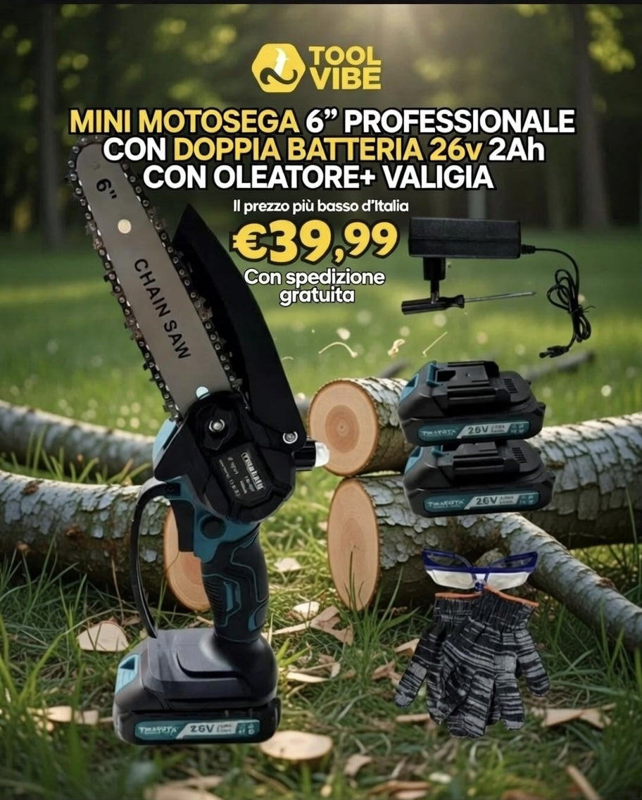 MINI MOTOSEGA 6” PROFESSIONALE CON DOPPIA BATTERIA 26v 2Ah CON OLEATORE+ VALIGIA
