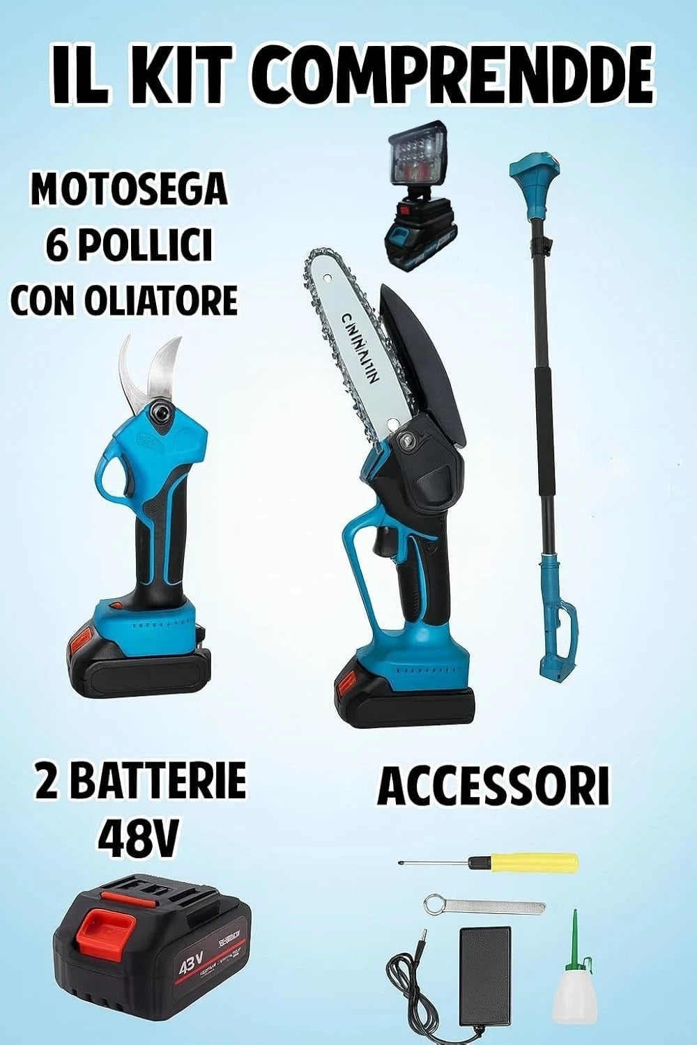 TMAKOTA Kit Potatura 4 in 1 Cesoia Motosega 2 Batterie 48V con Asta Telescopica