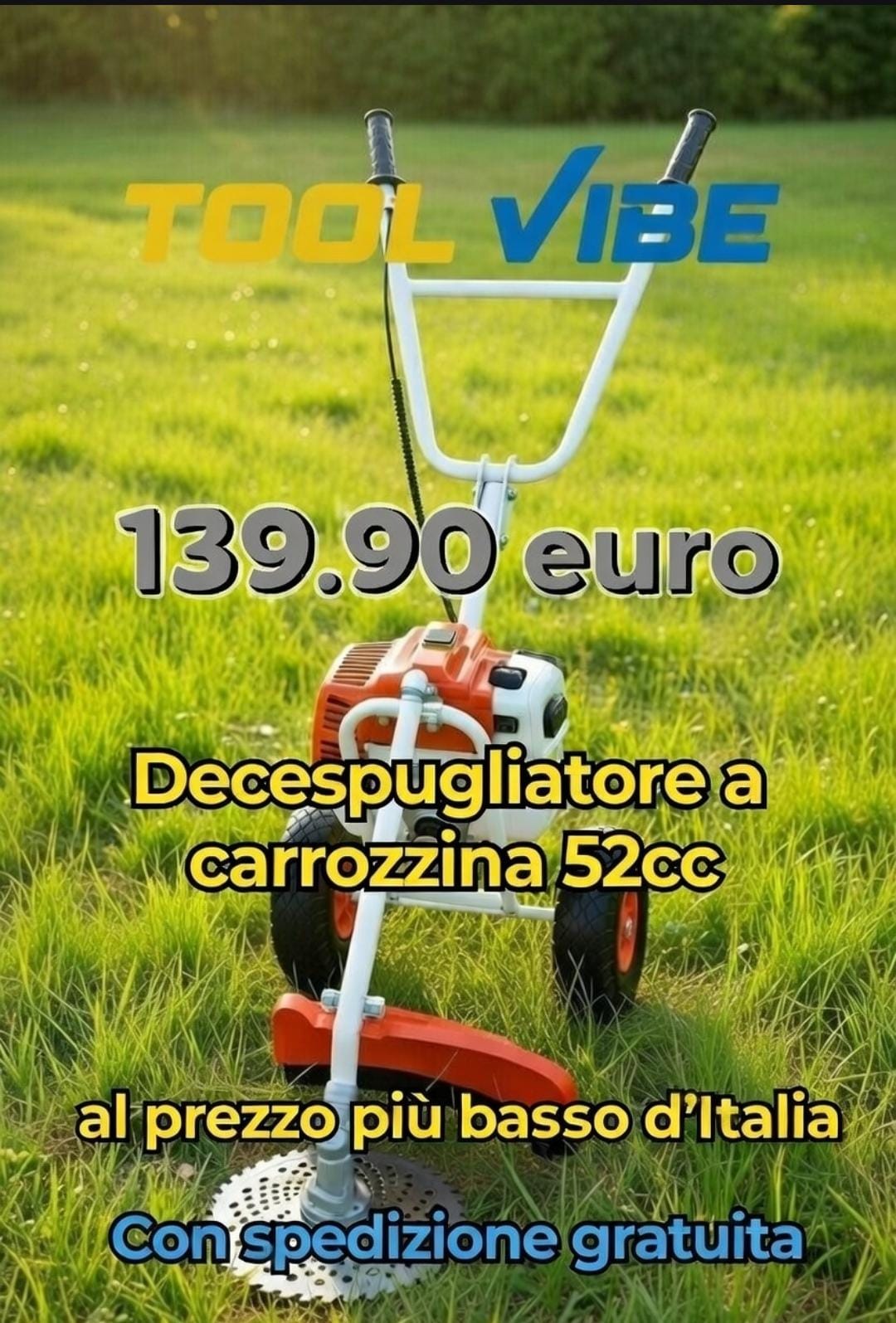 Decespugliatore a Carrozzina 52cc 2 Tempi con Ruote Pneumatiche Tagliaerba