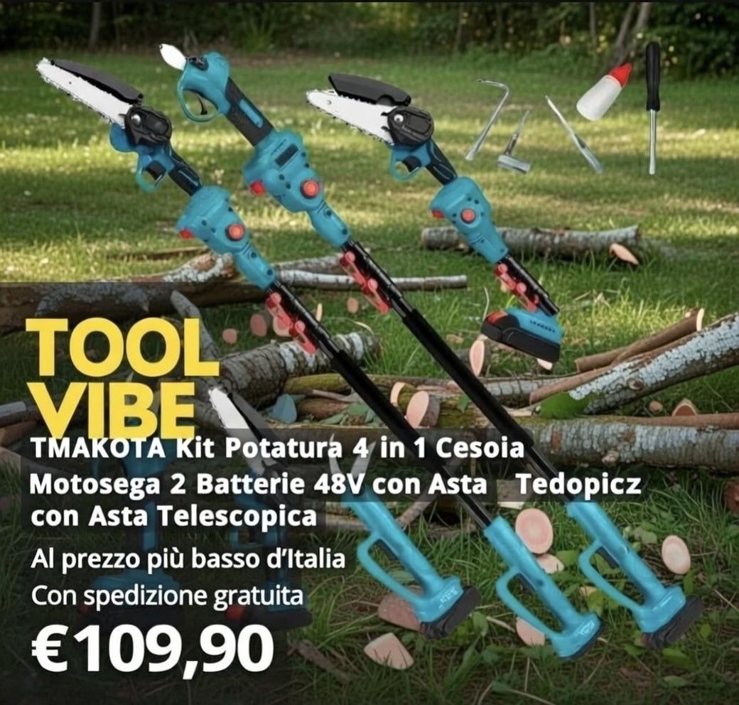 TMAKOTA Kit Potatura 4 in 1 Cesoia Motosega 2 Batterie 48V con Asta Telescopica