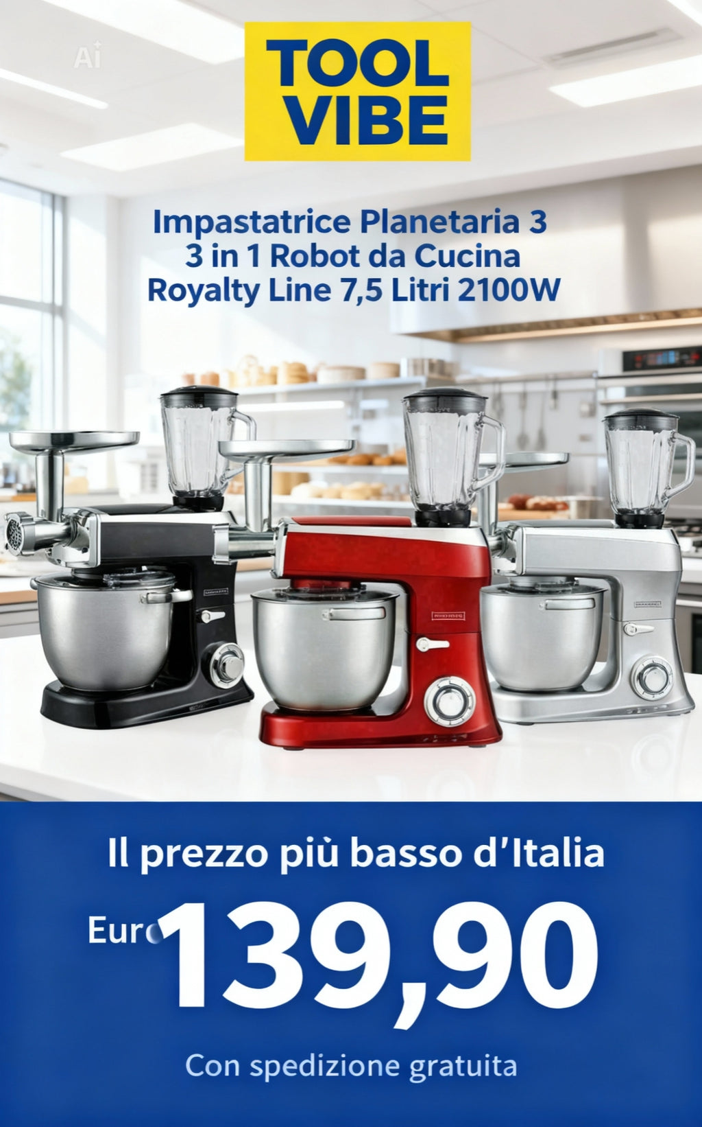 Impastatrice Planetaria 3 in 1 Robot da Cucina Royalty Line 7,5 Litri 2100W