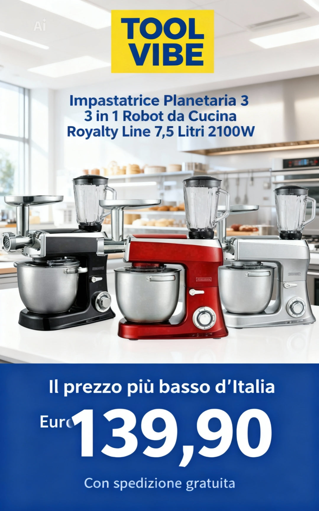 Impastatrice Planetaria 3 in 1 Robot da Cucina Royalty Line 7,5 Litri 2100W