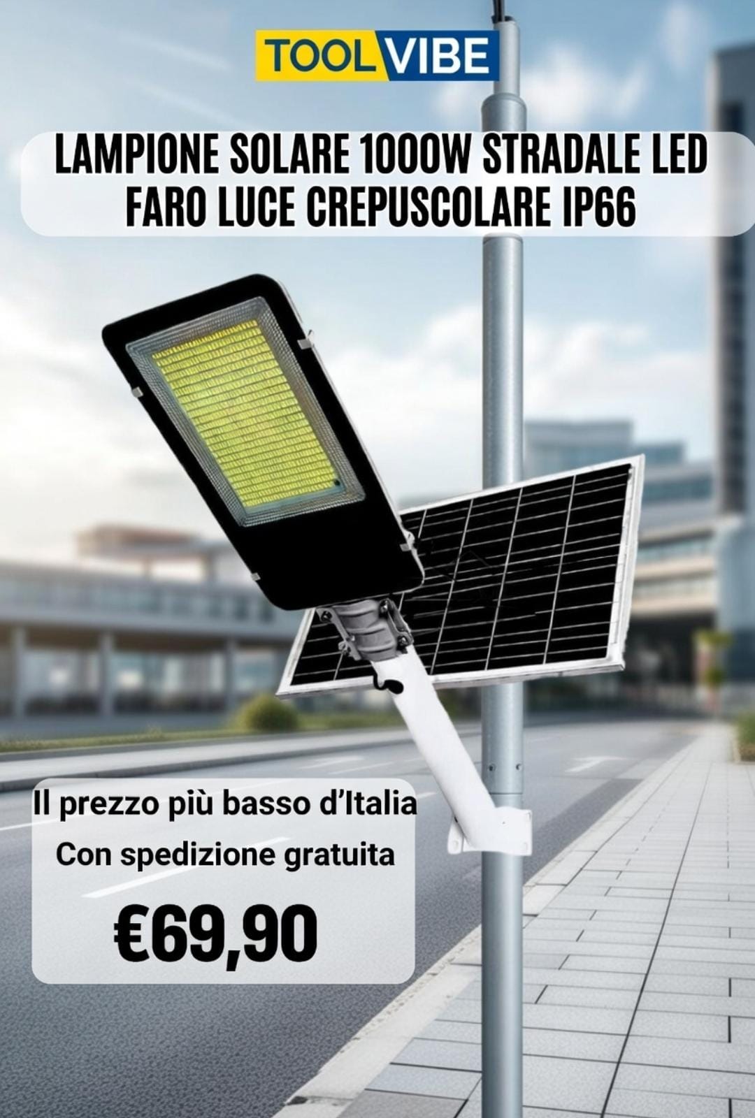LAMPIONE SOLARE 1000W STRADALE LED FARO LUCE CREPUSCOLARE IP66