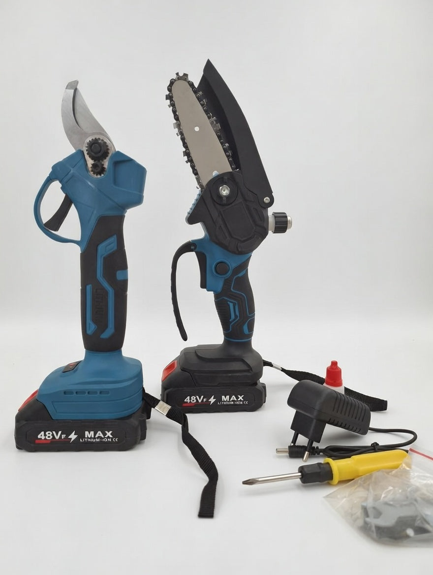 Kit Potatore Elettrico + Mini Motosega  – Giardinaggio Senza Fili, 2 Batterie Incluse