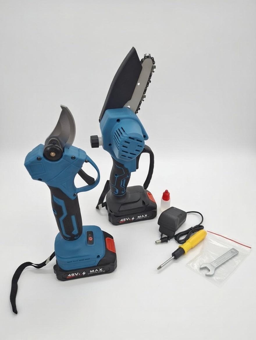 Kit Potatore Elettrico + Mini Motosega  – Giardinaggio Senza Fili, 2 Batterie Incluse