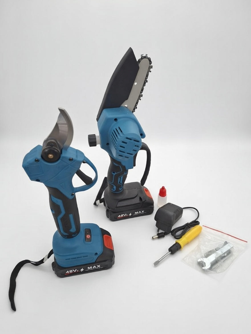 Kit Potatore Elettrico + Mini Motosega  – Giardinaggio Senza Fili, 2 Batterie Incluse