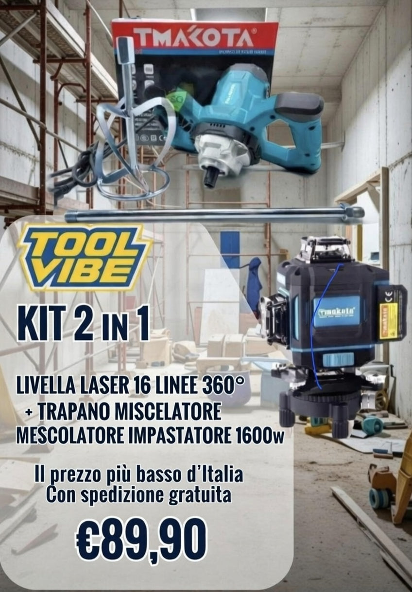 KIT 2 IN 1 LIVELLA LASER 16 LINEE 360° + TRAPANO MISCELATORE MESCOLATORE IMPASTATORE 1600w
