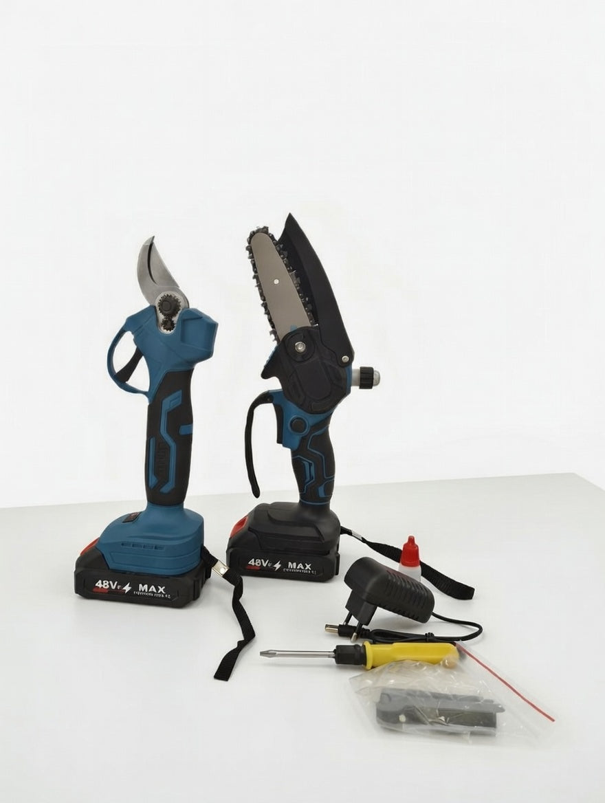 Kit Potatore Elettrico + Mini Motosega  – Giardinaggio Senza Fili, 2 Batterie Incluse