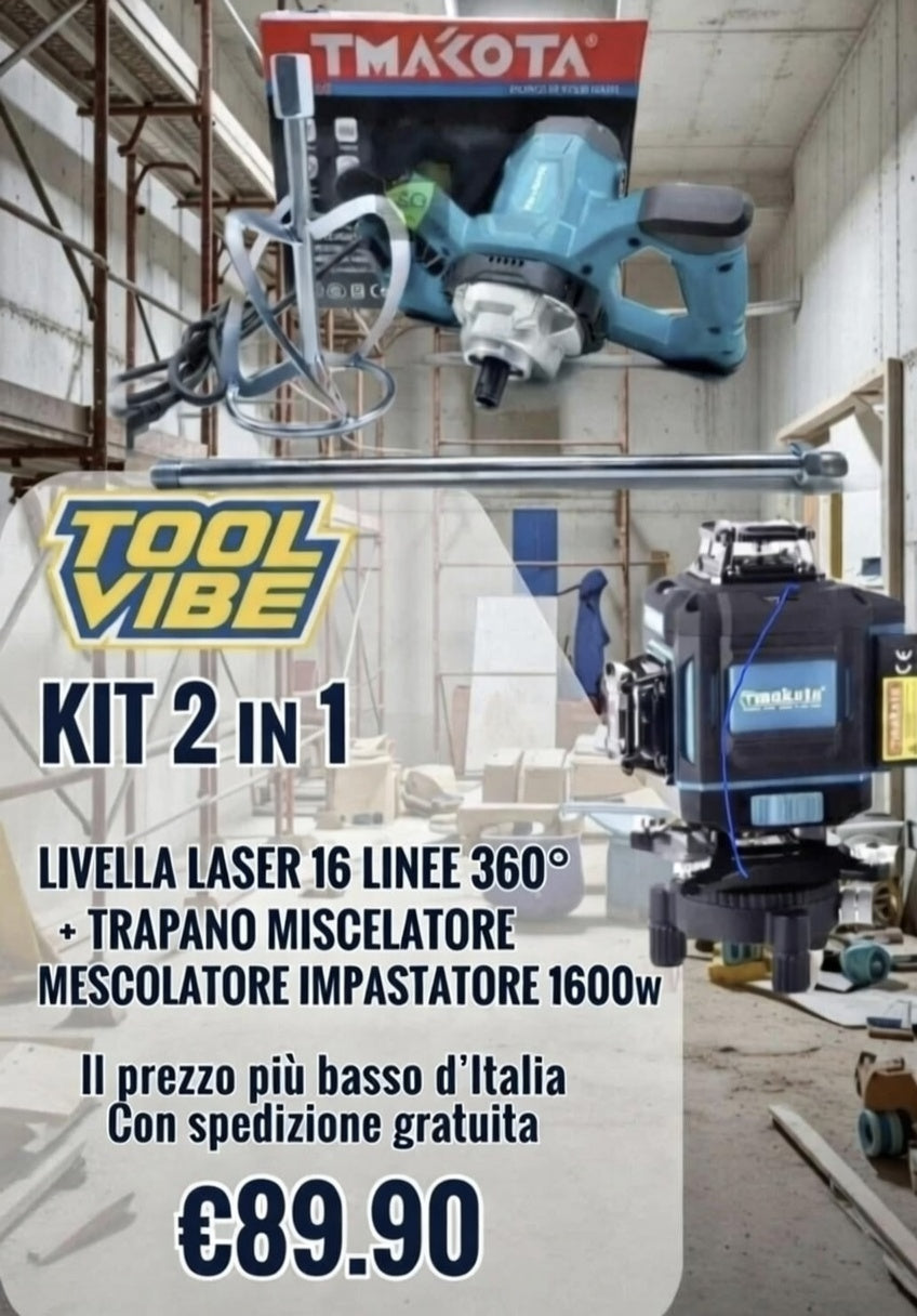 KIT 2 IN 1 LIVELLA LASER 16 LINEE 360° + TRAPANO MISCELATORE MESCOLATORE IMPASTATORE 1600w