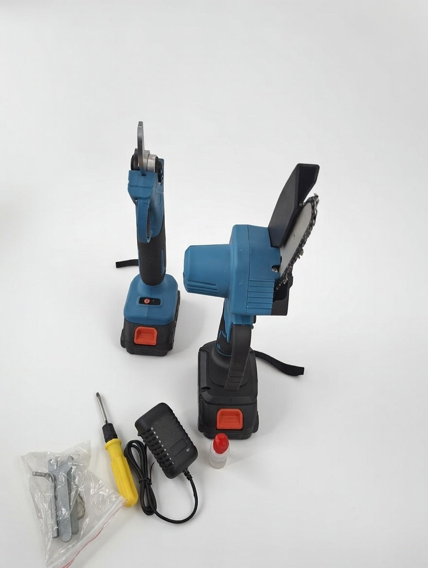 Kit Potatore Elettrico + Mini Motosega  – Giardinaggio Senza Fili, 2 Batterie Incluse