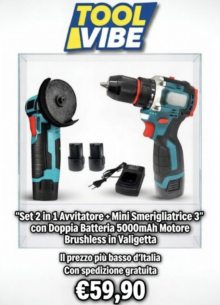 Set 2 in 1 Avvitatore + Mini Smerigliatrice 3" con Doppia Batteria  5000mAh Motore Brushless in Valigetta