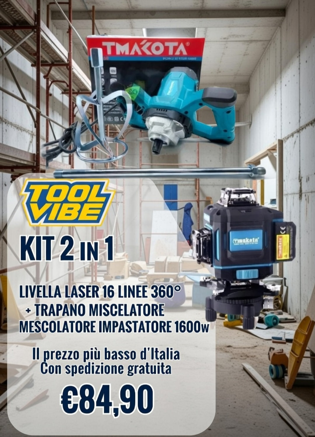 KIT 2 IN 1 LIVELLA LASER 16 LINEE 360° + TRAPANO MISCELATORE MESCOLATORE IMPASTATORE 1600w