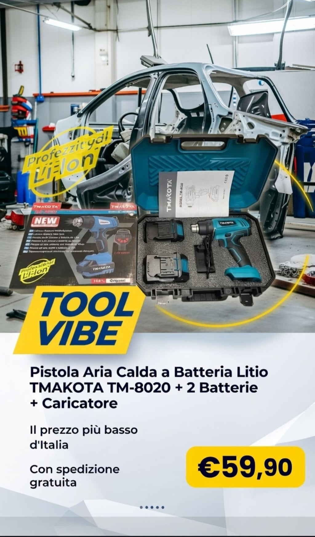 Pistola Aria Calda a Batteria Litio TMAKOTA TM-8020 + 2 Batterie + Caricatore +