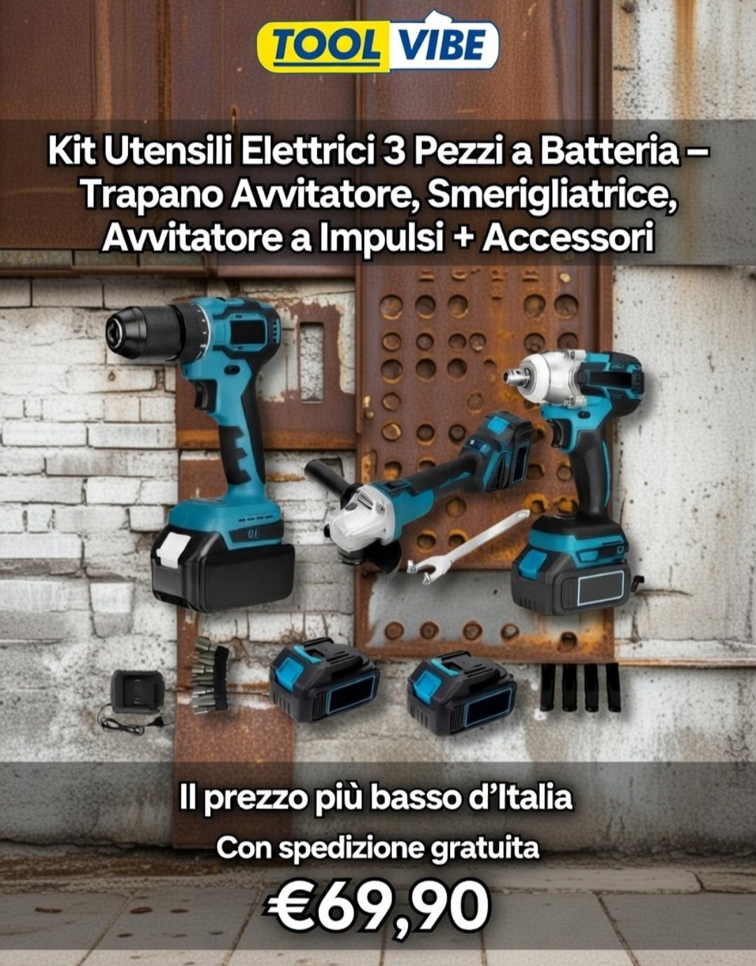 Kit Utensili Elettrici 3 Pezzi a Batteria – Trapano Avvitatore, Smerigliatrice, Avvitatore a Impulsi + Accessori