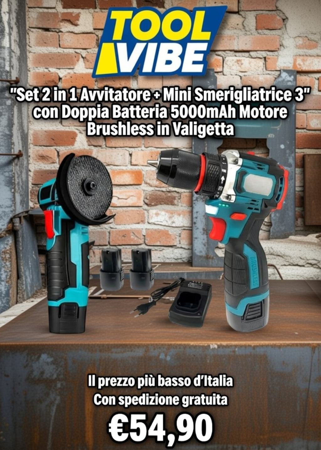 Set 2 in 1 Avvitatore + Mini Smerigliatrice 3" con Doppia Batteria  5000mAh Motore Brushless in Valigetta