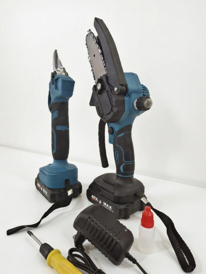 Kit Potatore Elettrico + Mini Motosega  – Giardinaggio Senza Fili, 2 Batterie Incluse