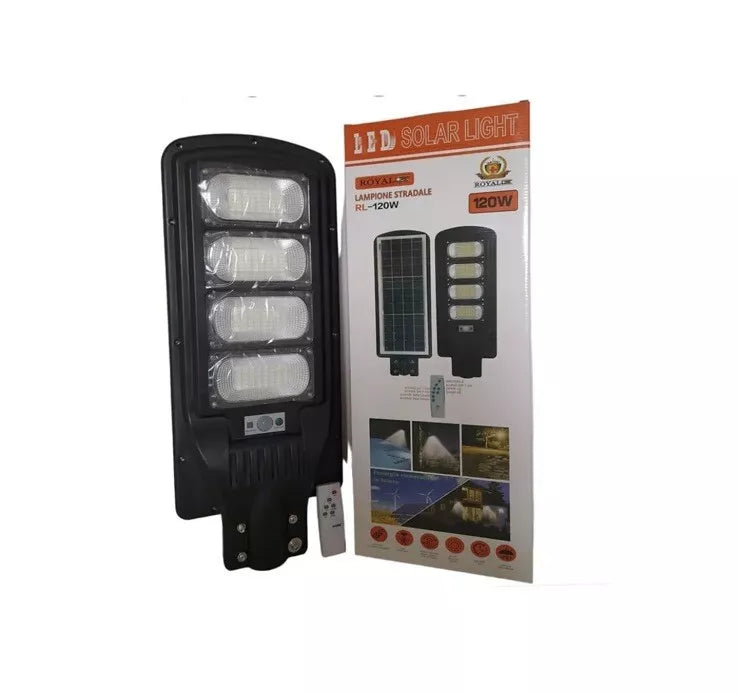 FARO LAMPIONE STRADALE A LED 120W CON PANNELLO SOLARE CREPUSCOLARE TELECOMANDO
