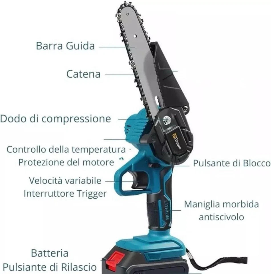 MINI MOTOSEGA 6” PROFESSIONALE CON DOPPIA BATTERIA 26v 2Ah CON OLEATORE+ VALIGIA