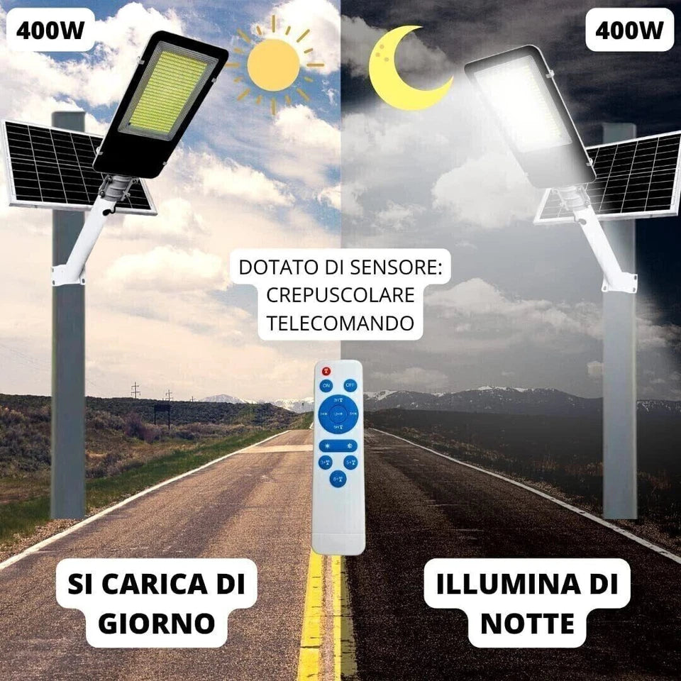 LAMPIONE SOLARE 1000W STRADALE LED FARO LUCE CREPUSCOLARE IP66