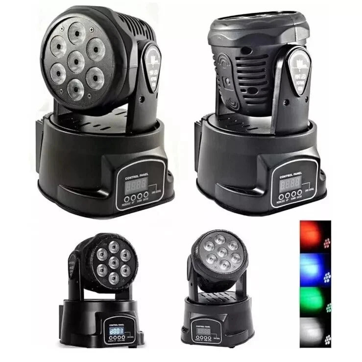 PROIETTORE LED RGB TESTA MOBILE ROTANTE EFFETTI DISCO DISCOTECA 7 LED WASH DMX